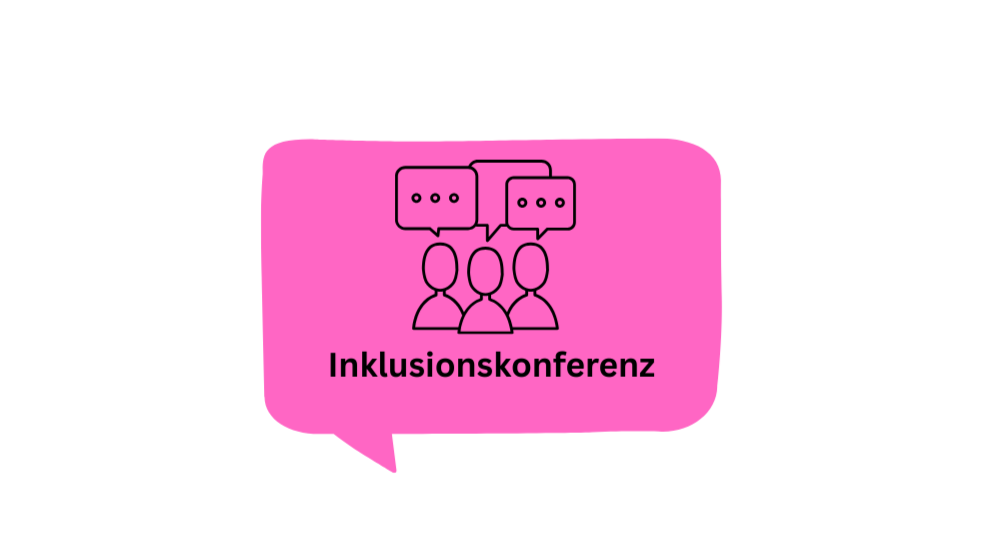 Dieses Bild zeigt eine Sprechblase in pink. Zu sehen ist ein Symbol mit drei Personen, die Sprechblasen über dem Kopf haben. Zu Lesen ist der Text 