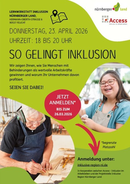 Einladung: So gelingt Inklusion am 23. April 2026 von 18:00 bis 20:00. Eine Veranstaltung für Unternehmen, die ihr Team inklusiv gestalten möchten. Klick zur Anmeldung.